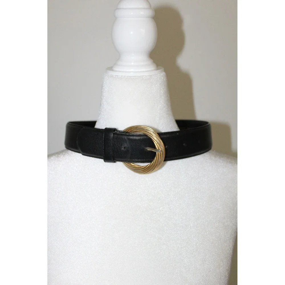 VTG Liz Claiborne Black Leather Belt Gold Ribbed Round Buckle Size Small